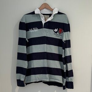 Jack Wills Navy and Gray Striped Rugby Jersey. Patches & Embroidery.